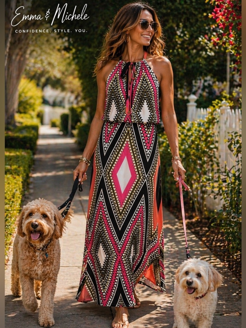 Emma & Michele Geo Print Halter Maxi Dress Resort Vacation,EUC, Size L